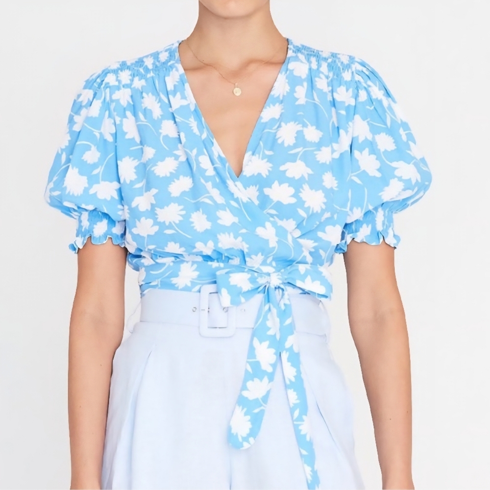Floral Wrap Top in Blue and White
